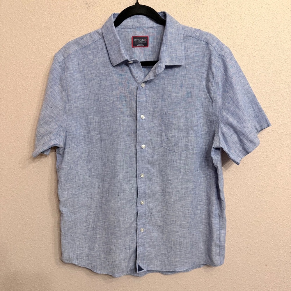 UNTUCKit Cameron Slim Fit Linen Shirt Blue Short Sleeve 40878 Mens Large